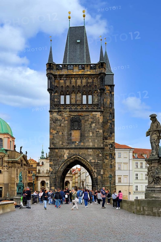 Charles bridge, Old Town Bridge Tower, Medieval stone arched bridge over the Vitava River, Prague, Bohemia, Czech Republic, Europe