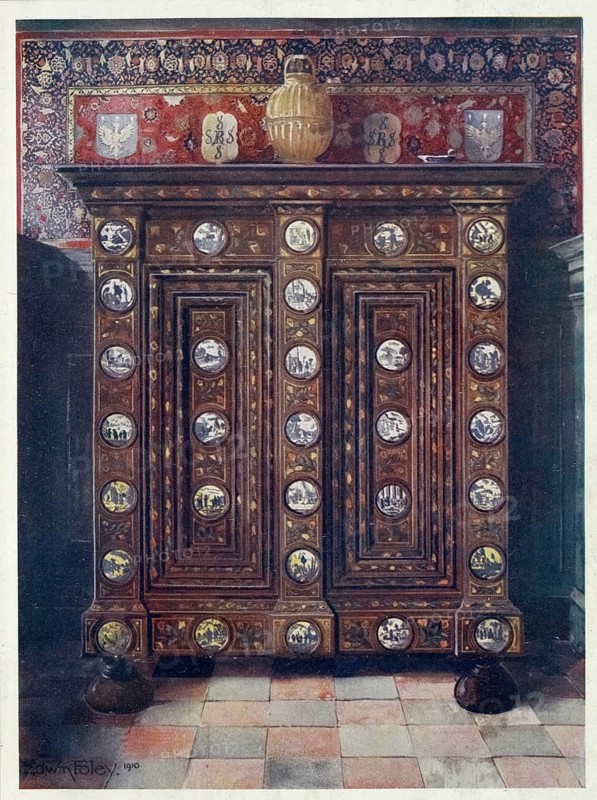Furniture around the turn of the century 1900, Walnut cabinet with inlays and painted medallions of Delft ware (1910, 1911), Walnut kas inlaid and with painted medallions of Delft ware (1910, 1911) .jpg