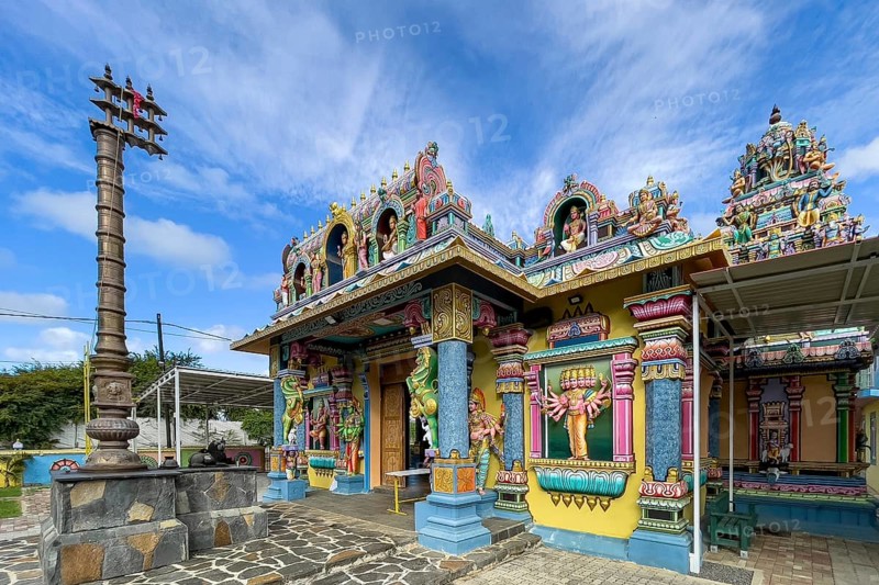 Entrance to prayer hall of Hindu temple Shri Sri Draupadi Amman Kovil Temple, Cap Malheureux, Mauritius, Africa