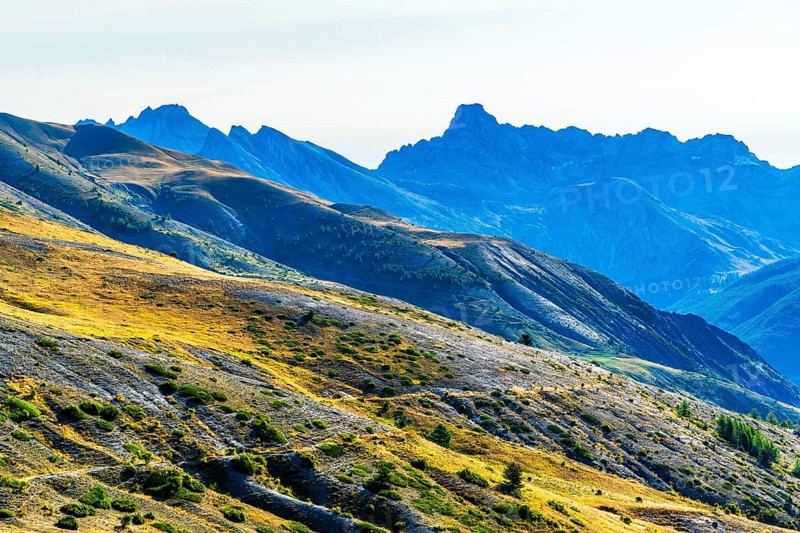 Route des Grandes Alpes, view of mountains at pass Col de Vars, Départements Hautes-Alpes and Alpes-de-Haute-Provence, Alps, France, Europe