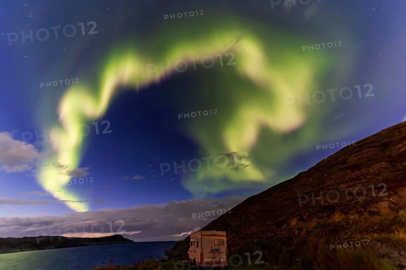 Northern Lights, (Aurora borealis) at a fjord in the Barents Sea near Bugoynes, September 2024, Lapland, Finnmark, Norway, Europe