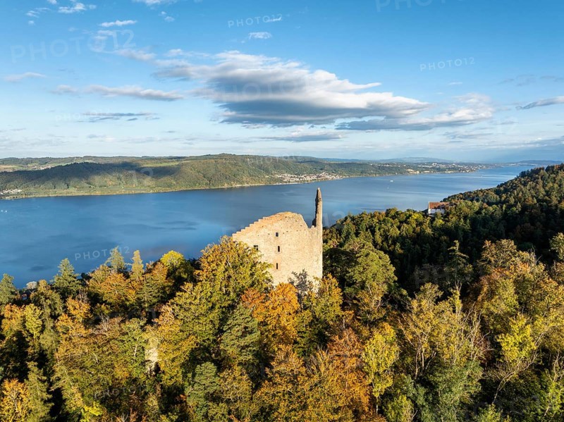 Aerial view of Lake Constance, Überlinger See, with the ruin Altbodman on the Bodanrück in autumn vegetation, Bodman-Ludwigshafen, district of Constance, Baden-Württemberg, Germany, Europe