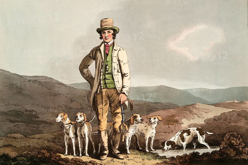 Scene from everyday life in England around 1810, The dog trainer with hunting dogs, dog school, Historical, digitally restored reproduction from a 19th century original, Date unknown