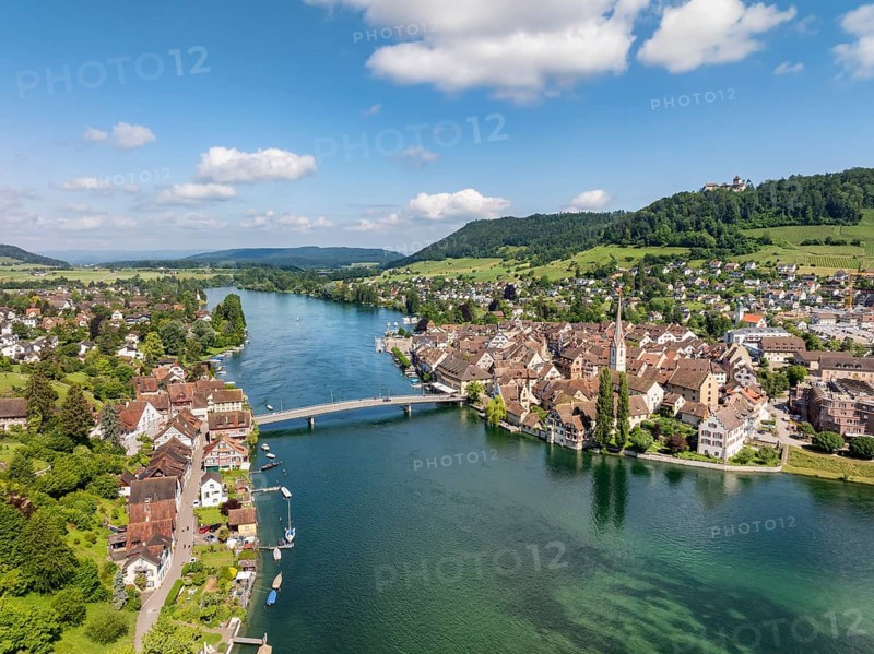 Aerial view of the historic old town of Stein am Rhein, Lake Rhine, Lake Constance, with the Rhine bridge, Canton Thurgau, Switzerland, Europe