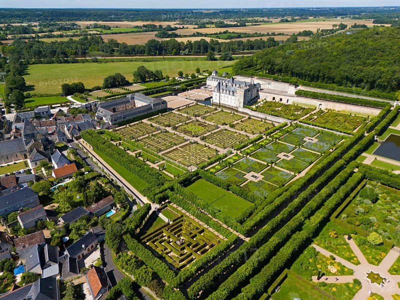 Extensive gardens of a castle with geometric patterns, surrounded by nature, aerial view, Villandry Castle, Renaissance, Tours, Loire Valley, Centre-Val de Loire, France, Europe