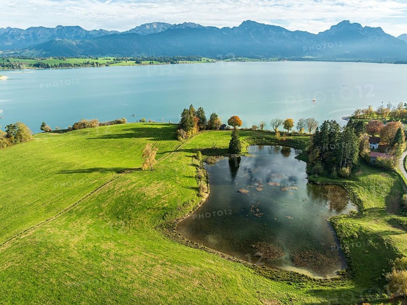 Aerial view of Toteisloch at village Dietringen, lake created by slowly melting iceberg, lake Forggensee, Ammergauer Alpen, Allgaeu, Bavaria, Germany, Europe