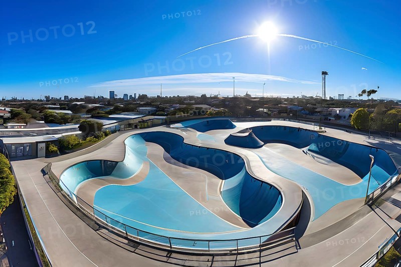 Aerial perspective top down of an empty skateboard park, AI generated