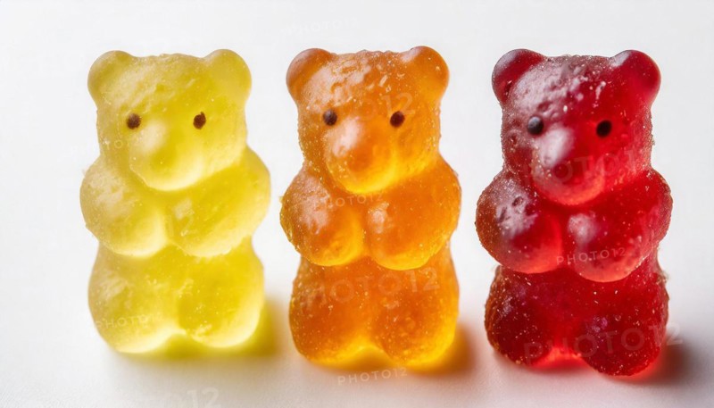 Yellow, orange and red gummy bears in a row with soft shadows, gummy bears, AI generated, AI generated