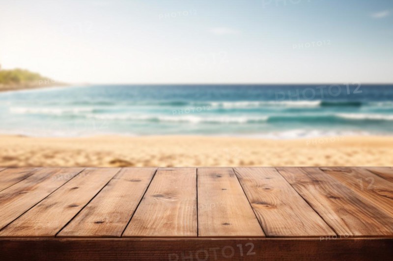 Wooden empty table with blurry beach and ocean background. KI generiert, generiert, AI generated