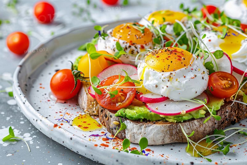 Avocado toast topped with poached eggs, cherry tomatoes, radish slices and microgreens. Generative Ai, AI generated