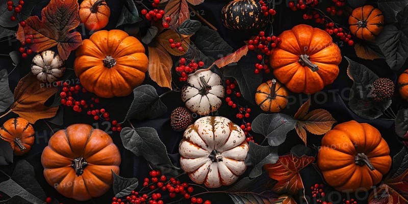 Banner with orange and white pumpkins between dark autumn leaves and red berries. Generative Ai, AI generated