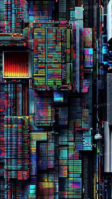 Abstract 3d pixel art technology themed pattern featuring random mosaic in vibrant hues, AI generated