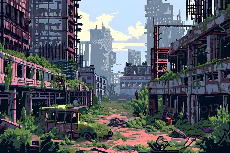 Pixel art landscape showcasing post apocalyptic world with ruined city buildings, AI generated