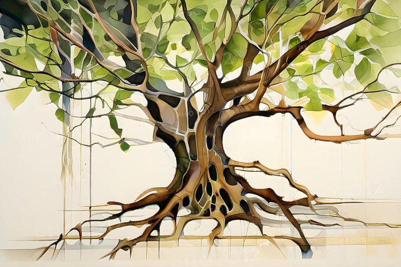 Abstract illustration depicting the branching patterns of tree roots representing natural optimization in structural engineering, AI generated