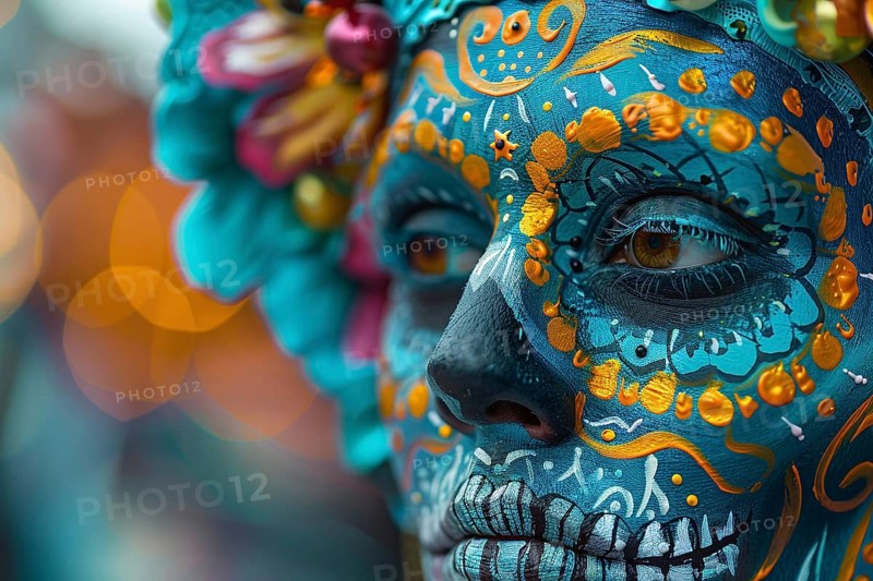 Close up of woman with blue Halloween Dia de los Muertos costume face paint. Generative AI, AI generated
