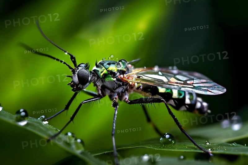 Close up of a tiger mosquito set against a blurred green foliage background, AI generated