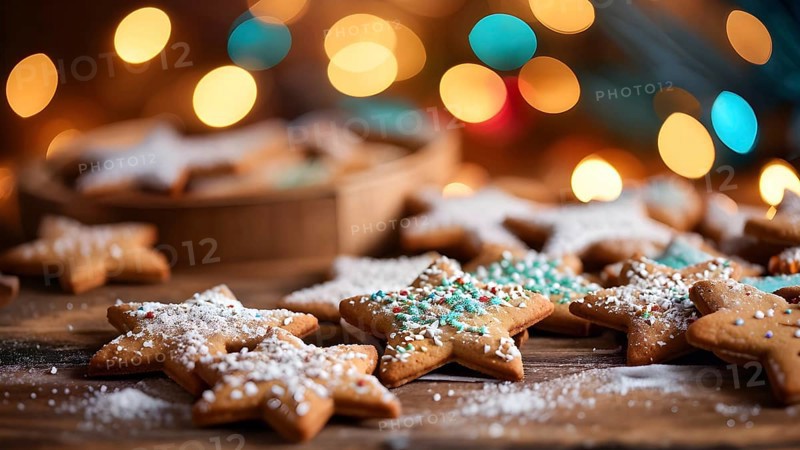 A detailed shot of Christmas cookies on a wooden table, featuring star-shaped cookies with colorful icing, sprinkles, and powdered sugar, AI generated