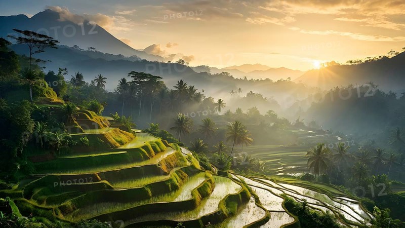 Early morning light bathes Philippines rice terraces cascading down mountain slopes, AI generated