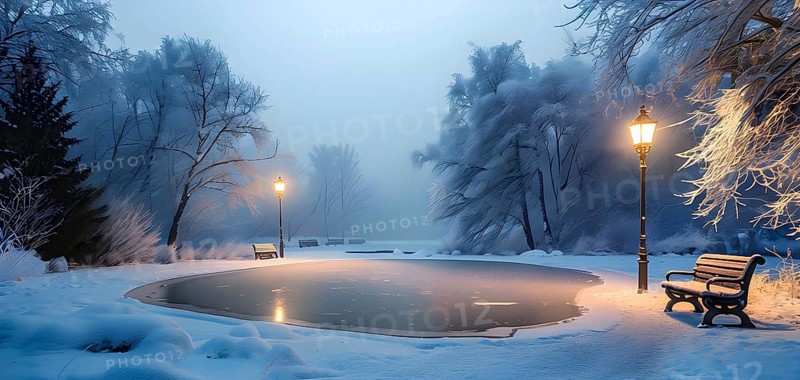 Frozen pond surrounded by snow-covered trees, with a wooden bench and lamppost nearby, softly illuminated by the warm glow of the lamplight, AI generated