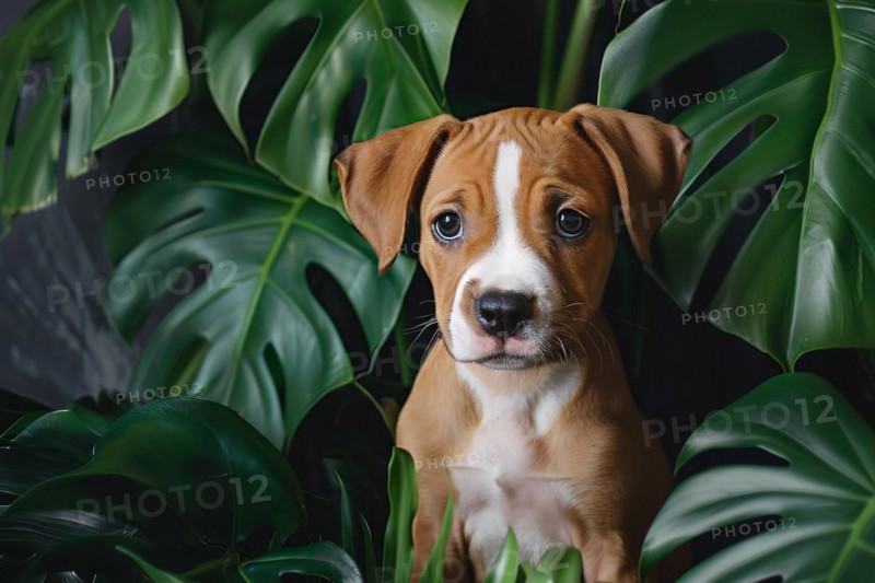 Dog puppy sitting between tropical houseplants. KI generiert, generiert, AI generated