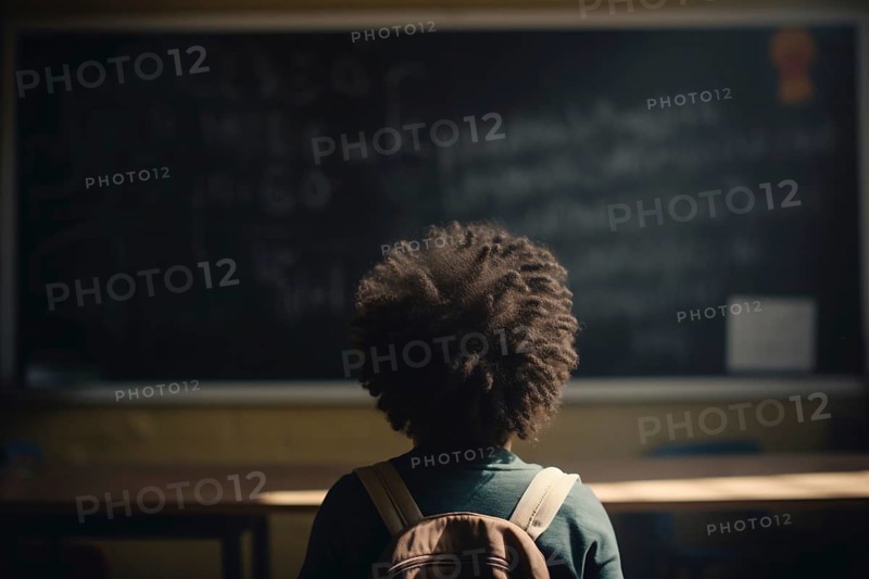 Back view of young african american child in front of school classroom chalkboard. KI generiert, generiert AI generated