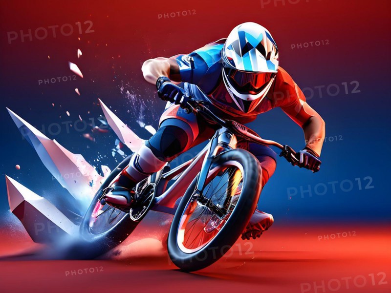 Bmx olympic cycling racer transformed into fluid abstract shapes french tricolor blue white red, AI generated