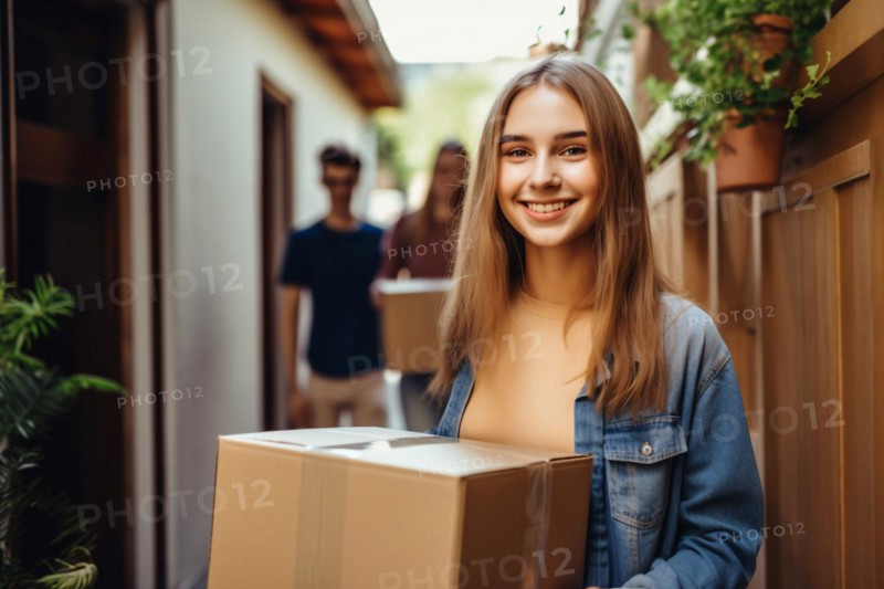 Young woman with cardboard box moving houses. KI generiert, generiert, AI generated