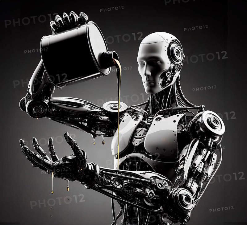 A humanoid robot lubricates its joints with machine oil, symbol image force, energy, cybernetics, AI generated, AI generated