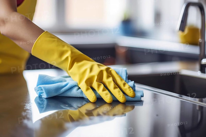 Close up of woman's hands in yellow rubber cleaning gloves with cleaning kitchen with blue cloth. KI generiert, generiert AI generated
