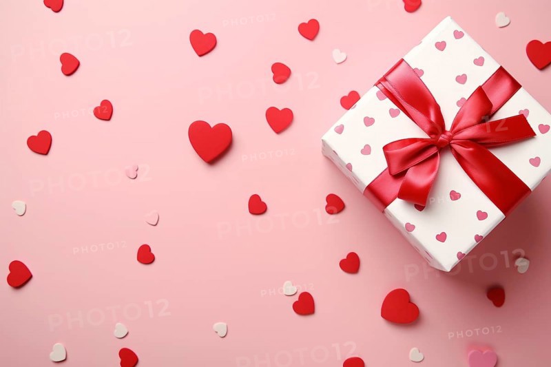 Top view of romantic white Valentine or wedding gift with red ribbon and heart shaped confetti. KI generiert, generiert AI generated