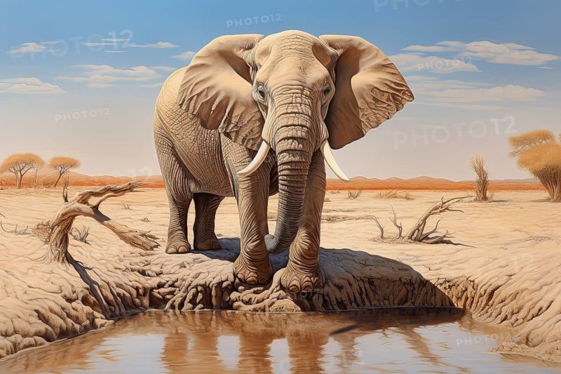 Desert elephant reflecting in a water pond, Africa, AI generated