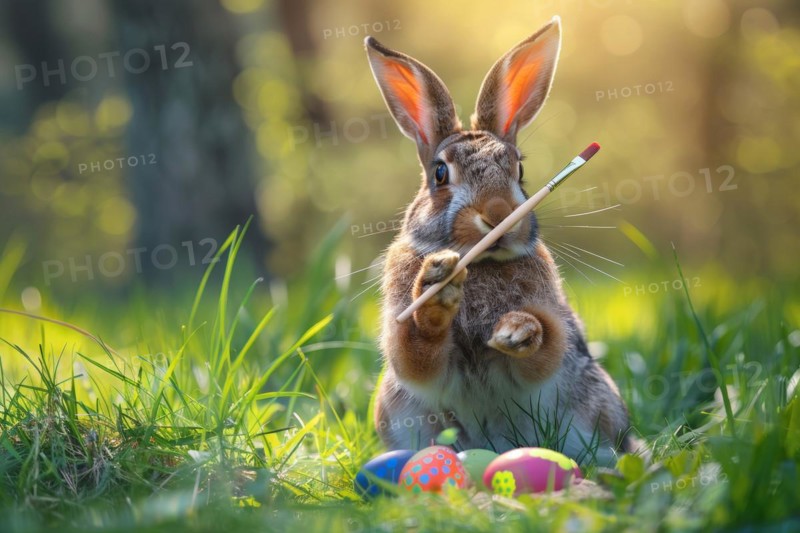 A humanised young hare holds a paintbrush in its paw and paints Easter eggs in a meadow, AI generated, AI generated, AI generated