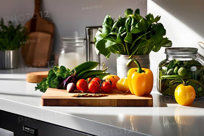 Minimalist kitchen with sleek, white cabinetry and a marble countertop, featuring a single wooden cutting board with freshly cut vegetables, AI generated