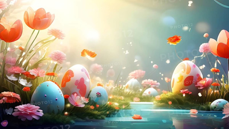 Surreal Easter scene with floating eggs, ribbons, and flowers in a dreamlike, whimsical composition of light and shadow, AI generated