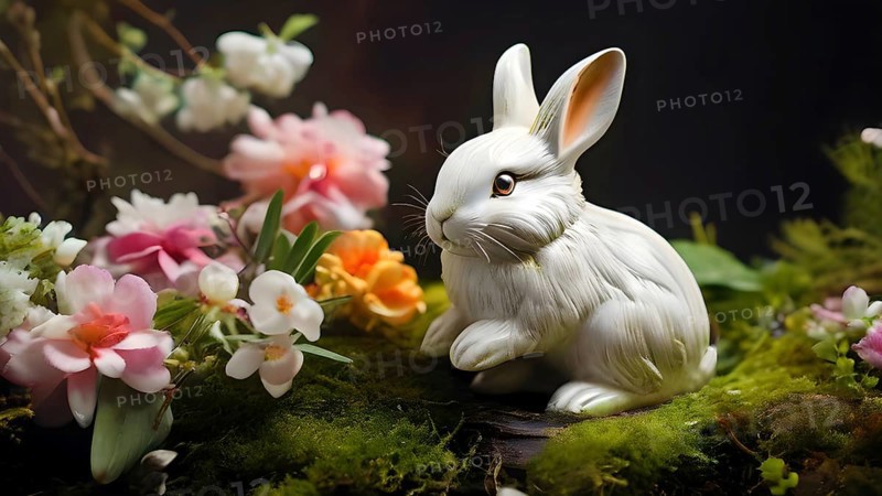 Vintage porcelain rabbit figurine surrounded by small, colorful spring flowers and soft moss, AI generated