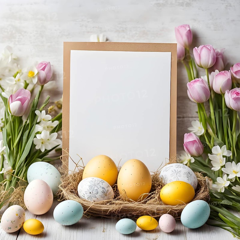 Easter card with delicate hand-drawn illustrations, placed among fresh flowers and decorated eggs, empty space for text, AI generated