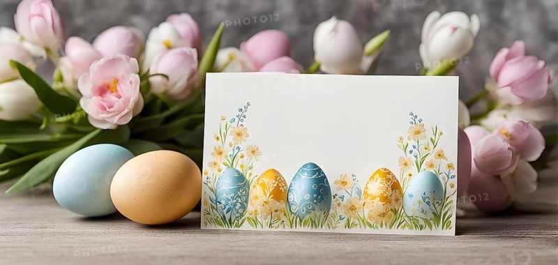 Easter card with delicate hand-drawn illustrations, placed among fresh flowers and decorated eggs, empty space for text, AI generated