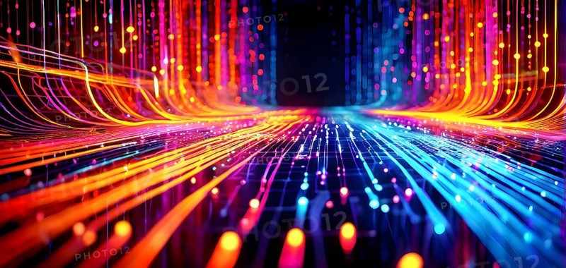 Abstract data stream flowing like liquid light, with sharp lines of code and binary numbers cascading in bright neon colors, AI generated