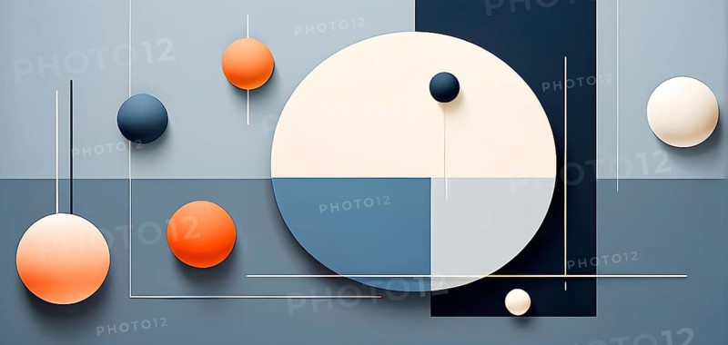 Minimalist composition of overlapping geometric shapes, such as circles, squares, and triangles, with clean lines and muted pastel colors, AI generated