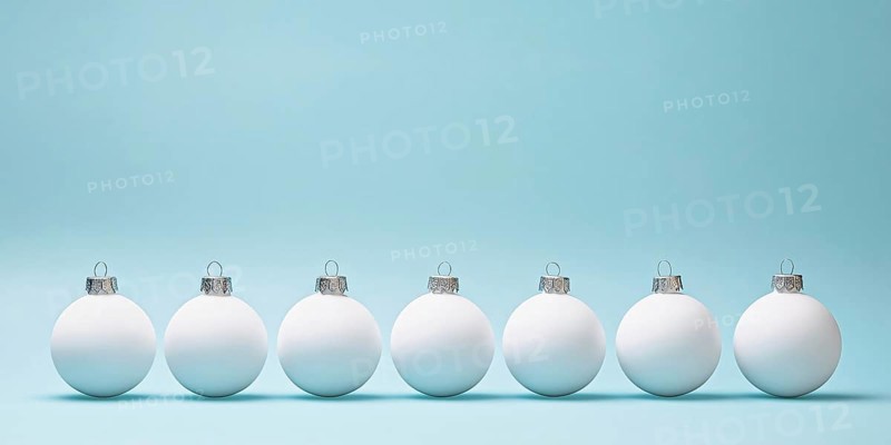 White Christmas tree baubles in a row on pastel blue background. Generative AI, AI generated