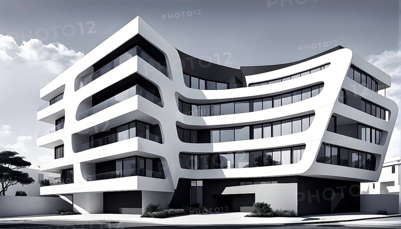 Rendering of a modern real estate apartment building in clean geometric forms in black and white, AI generated