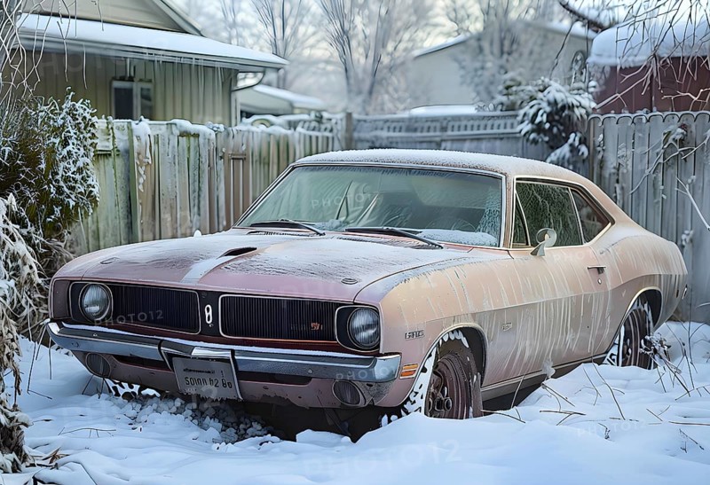 Classic 1960s muscle car, half-buried in snow in a forgotten backyard creating a sense of nostalgia and isolation, AI genrated, AI generated