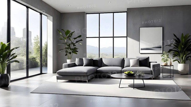 Render of a minimalist living room with clean lines and neutral tones, featuring a modern grey sofa, a single potted plant, and soft natural light streaming through large floor-to-ceiling windows, AI generated