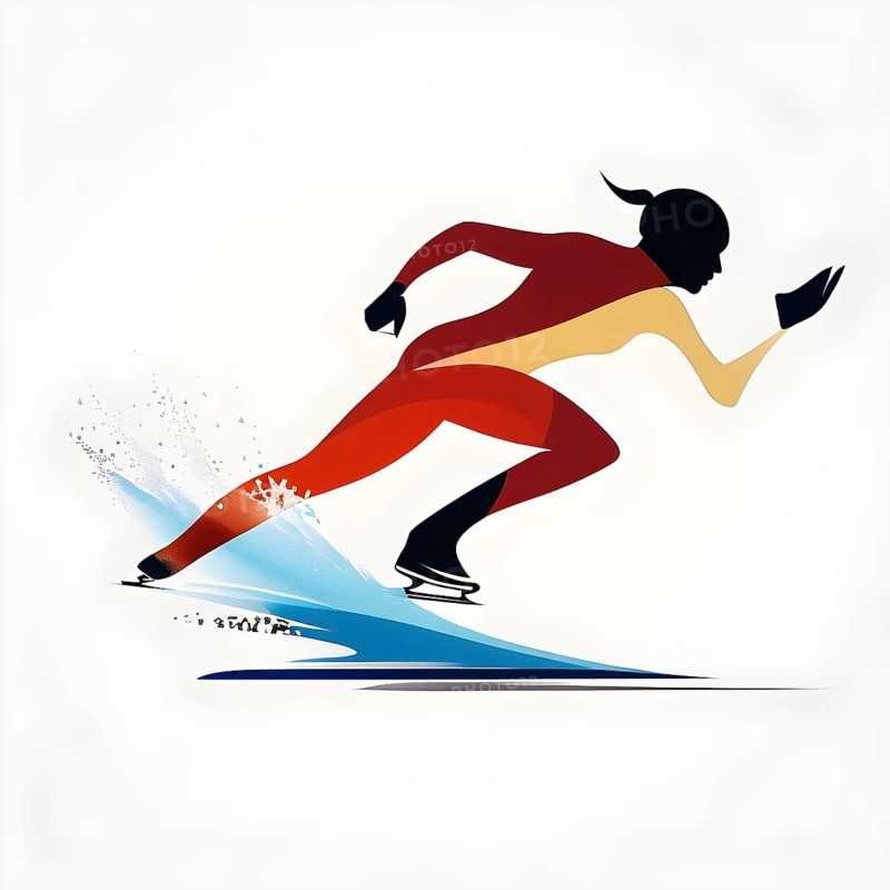Ice speed skater illustration, depicted as a minimalist silhouette in motion in contrasting vibrant colors, AI generated