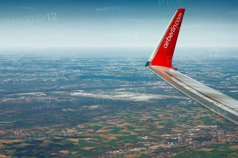 Aerial photo, view from Boeing 737 Air Berlin, right wing, behind Munich Airport, Bavaria, Germany, Europe