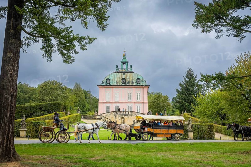 Presentation and route ride, all carriages in stylish tension, popular sporting event over approx. 30 km. An event organised by Reit- und Fahrverein Moritzburg e.V. Carriage at the Fasanenschlösschen, 29th Moritzburger Teichrundfahrt, Moritzburg, Saxony, Germany, Europe