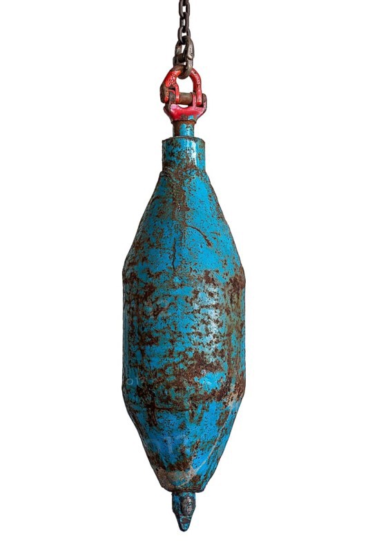 Big plummet, plumb bob level with chain used for digging mine shaft in coal mining, close-up on white background