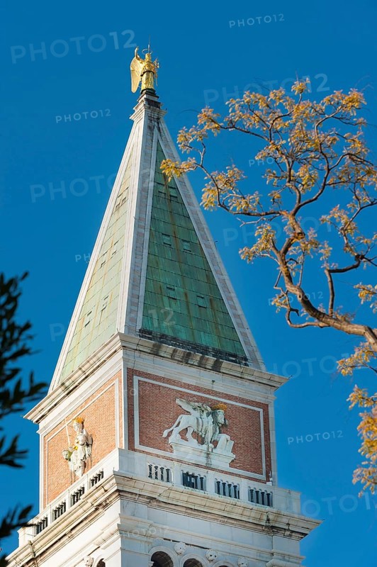 The Campanile Tower on St Mark's Square, church, church tower, city trip, holiday, travel, tourism, lagoon city, historical, history, architectural history, architecture, historic, famous, attraction, building, sightseeing, facade, building, old building, endangered, world cultural heritage, UNESCO, culture, honeymoon, Middle Ages, flood, environment, cruise, carnival, Catholic, Venice, Italy, Europe