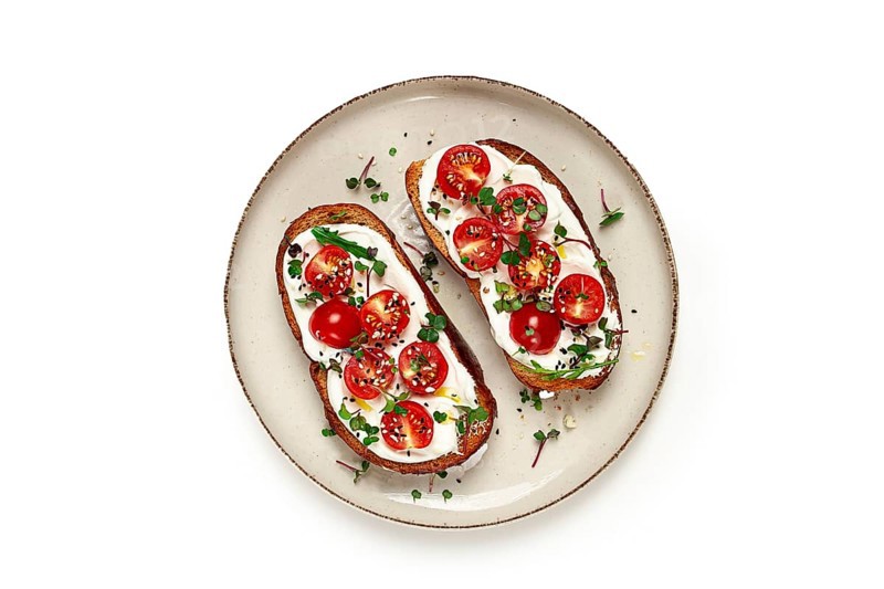 Sandwiches with cream cheese and cherry tomatoes, breakfast, homemade