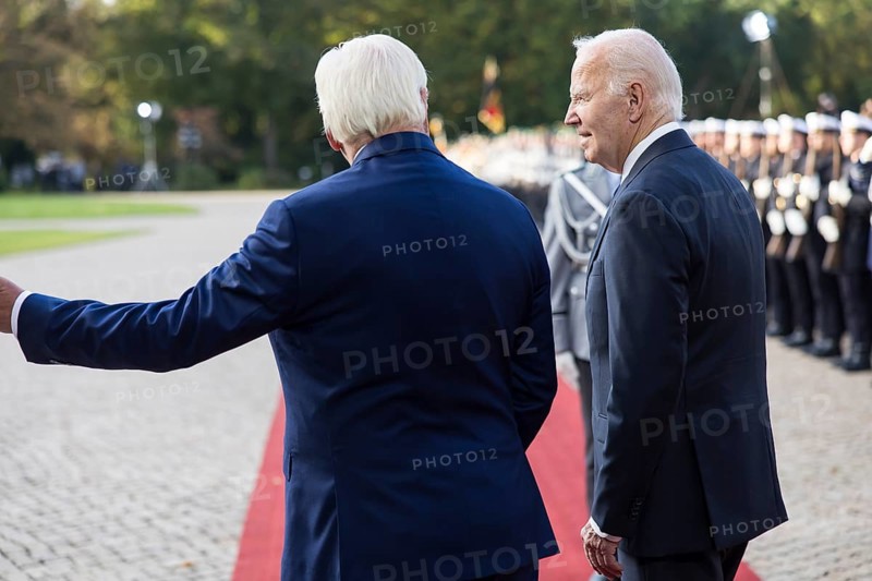 Joe Biden (46th President of the United States) is received with military honours by Federal President Frank-Walter Steinmeier (President of the Federal Republic of Germany) at Bellevue Palace, Berlin, 18.10.2024